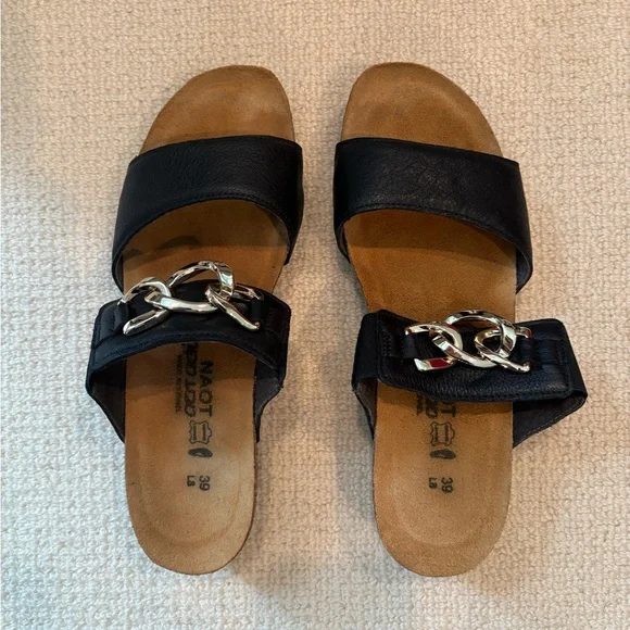 Naot Black Sandals with Silver Chain Detail - Picture 1 of 5